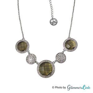 Trifari Silver Tone Statement Necklace Green Faceted & Clear Pave Circles
